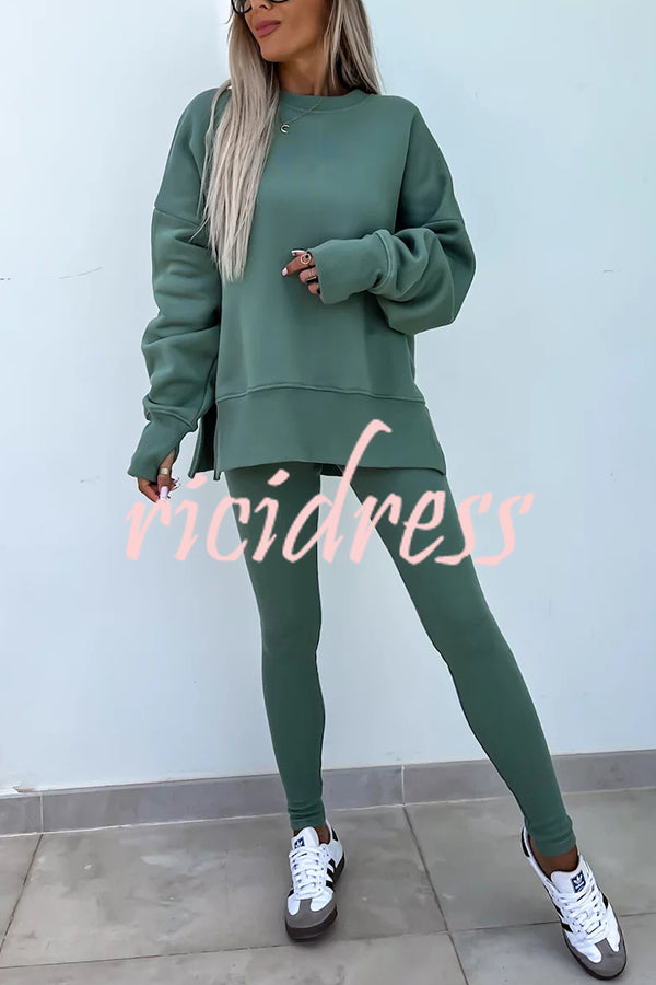 Solid Color Loose Long Sleeve SlitSweatshirt and Elastic Waist Tight Pants Set