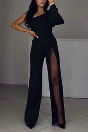 Fashionable Oblique Shoulder One-sleeve Sexy High Slit Slim Jumpsuit