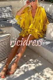 Lemon Flavor Tie Dye Ruffle Batwing Sleeve Elastic Waist Kaftan Mini Dress