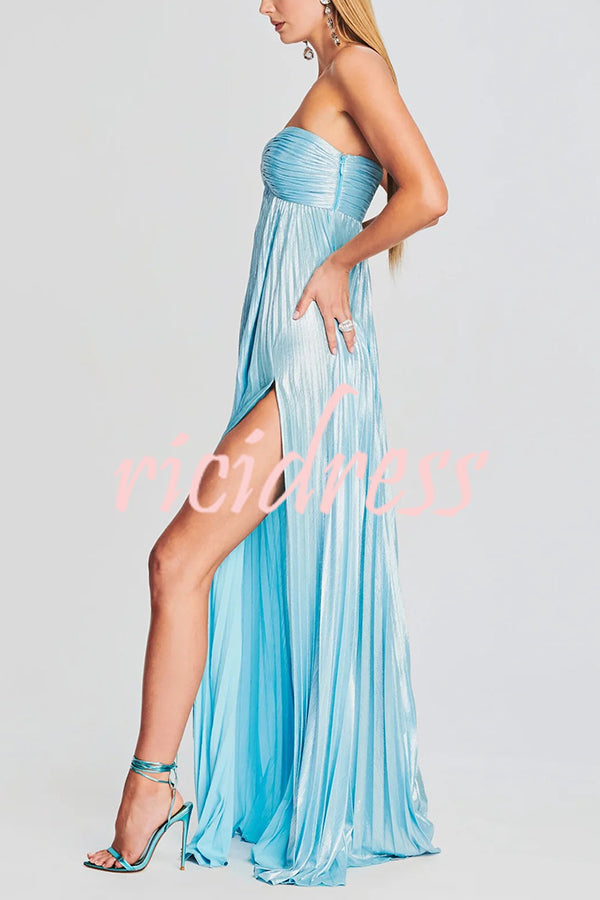 Metallic Sexy Tube Top Pleated High Slit Maxi Dress
