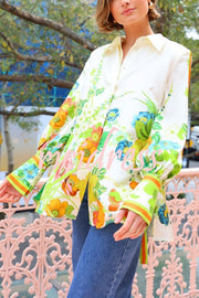 Antibes Satin Floral Print Back Tie-up Button Down Oversized Blouse