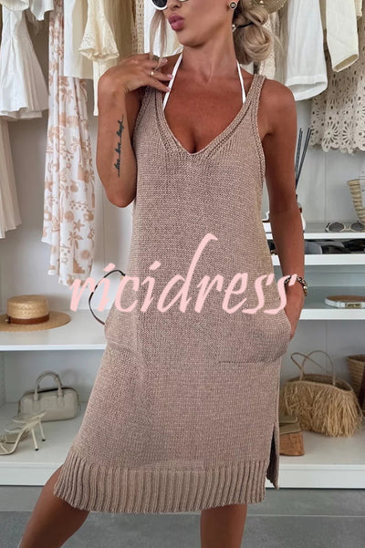 Solid Color V-Neck Sleeveless Casual Pocket Knitted Midi Dress
