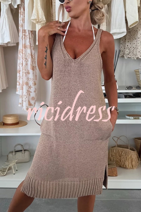 Solid Color V-Neck Sleeveless Casual Pocket Knitted Midi Dress