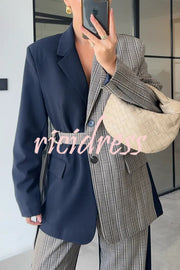 Nayla Plaid Contrast Color Belted Long Sleeve Lapel Blazer and Pocketed Wide Leg Pants Set