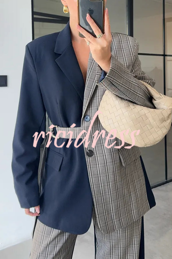 Nayla Plaid Contrast Color Belted Long Sleeve Lapel Blazer and Pocketed Wide Leg Pants Set