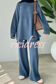 Solid Color Loose Long-sleeved Knit Top and Elastic Waist Casual Straight Leg Pants Set