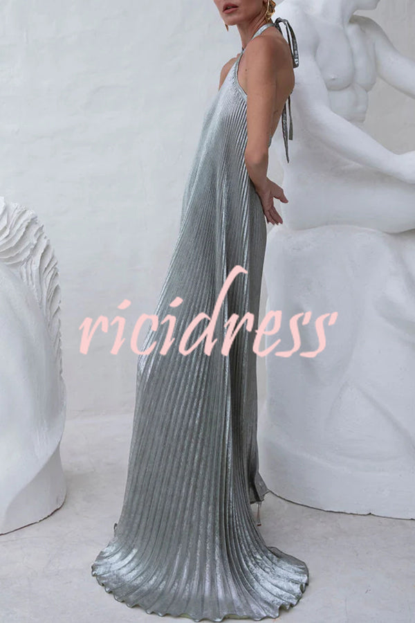 Elegant and Gorgeous Shimmer Fabric Halter A-line Maxi Dress