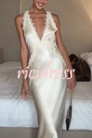 Modern Day Glam Satin Lace Trim V-neck Cross Back Maxi Dress