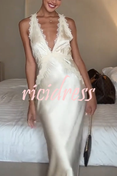 Modern Day Glam Satin Lace Trim V-neck Cross Back Maxi Dress