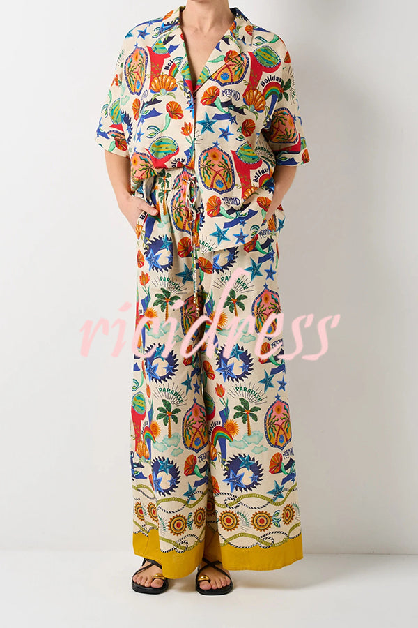 Linen Blend Unique Print Loose Short Sleeve Shirt and Elastic Waist Tie Pocket Pants Set