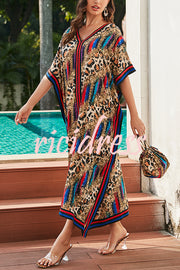 Unique Tie-dye Print V-neck Loose Holiday Cover-up Maxi Dress