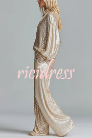 Glamorous Day Sequin Half Zip Loose Shirt and Elastic Waist Pocket Wide Leg Pants Set