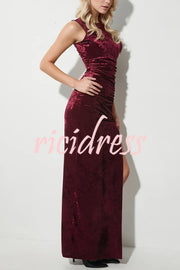 Solid Color Velvet Round Neck Sleeveless Slim Slit Maxi Dress