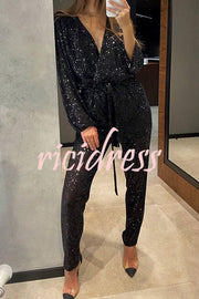 Cheers To You Sequin Long Sleeve Belted Wrap Loose Jumpsuit