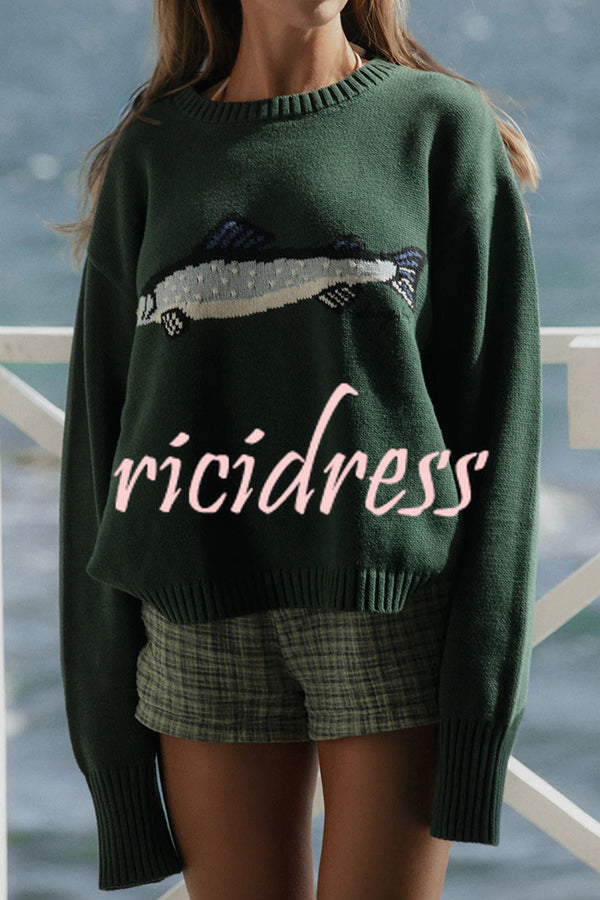 Fashionable Fish Pattern Round Neck Loose Knitted Sweater