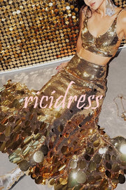 Party Sequin Button Crop Tank and Irregular Round Sequin Tassels Hem Maxi Skirt Set
