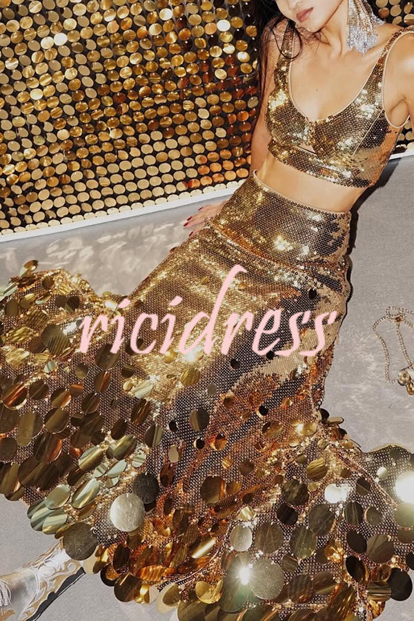 Party Sequin Button Crop Tank and Irregular Round Sequin Tassels Hem Maxi Skirt Set