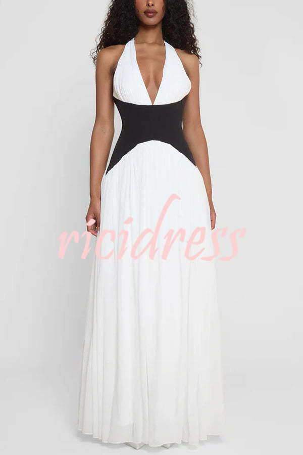Fashionable Color Matching Sexy Halter Neck Waist Maxi Dress