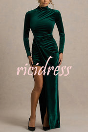 Wishes Velvet High Neck Long Sleeve Ruched Waist Wrap Slit Stretch Maxi Dress
