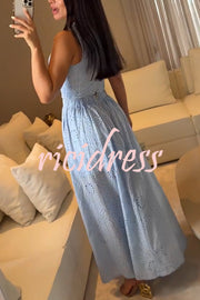 Kaya Embroidery Hollow Lace Back Smocked Tank and Elastic Waist A-line Maxi Skirt Set