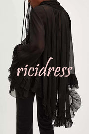 Flowy See-through Ruffle Tie-up Neck Bell Sleeve High-low Hem Cape Shirt