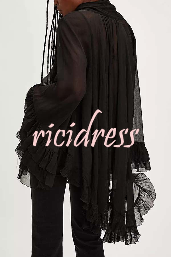 Flowy See-through Ruffle Tie-up Neck Bell Sleeve High-low Hem Cape Shirt