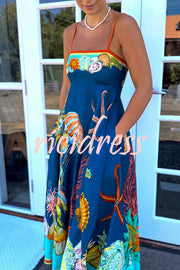 Linen Blend Unique Print Suspenders Back Pleated Pocket Resort Style Maxi Dress