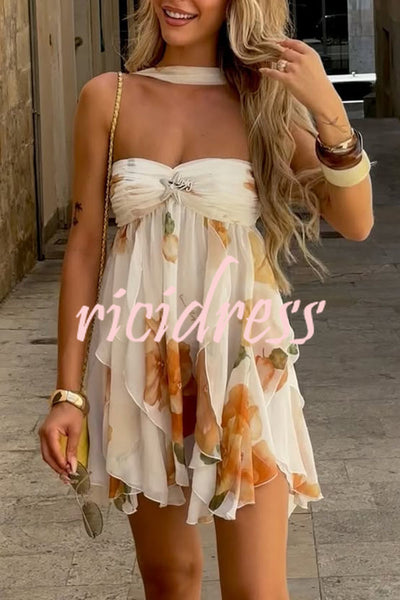 Arabella Floral Print Starfish Brooch Inverted Halter Neck Slit Ruffles Mini Dress