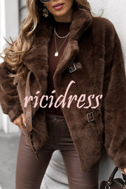 Chill Whispers Belt Buckle Design Long Sleeve Pocket Lapel Plush Coat