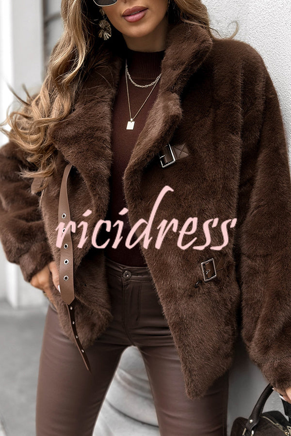 Chill Whispers Belt Buckle Design Long Sleeve Pocket Lapel Plush Coat