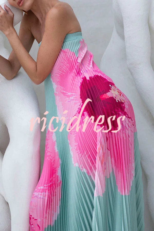 All about Her Pleated Floral Print Off Shoulder A-line Maxi Dress