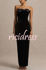 Illusion Velvet Bandeau neck Bow detail Stretch Maxi Dress