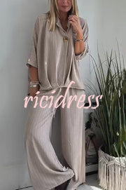 Fashion Striped Print Lapel Loose Top and Elastic Waist Casual Wide-leg Pants Set
