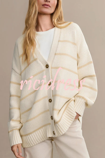 Striped Loose V-neck Long-sleeved Casual Knit Cardigan