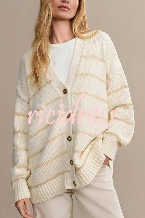 Striped Loose V-neck Long-sleeved Casual Knit Cardigan