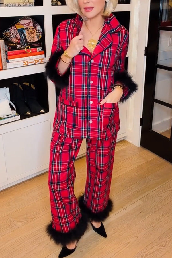 Holiday Time Plaid Contrast Feather Sleeve Pocket Shirt and Elastic Waist Pajama Set