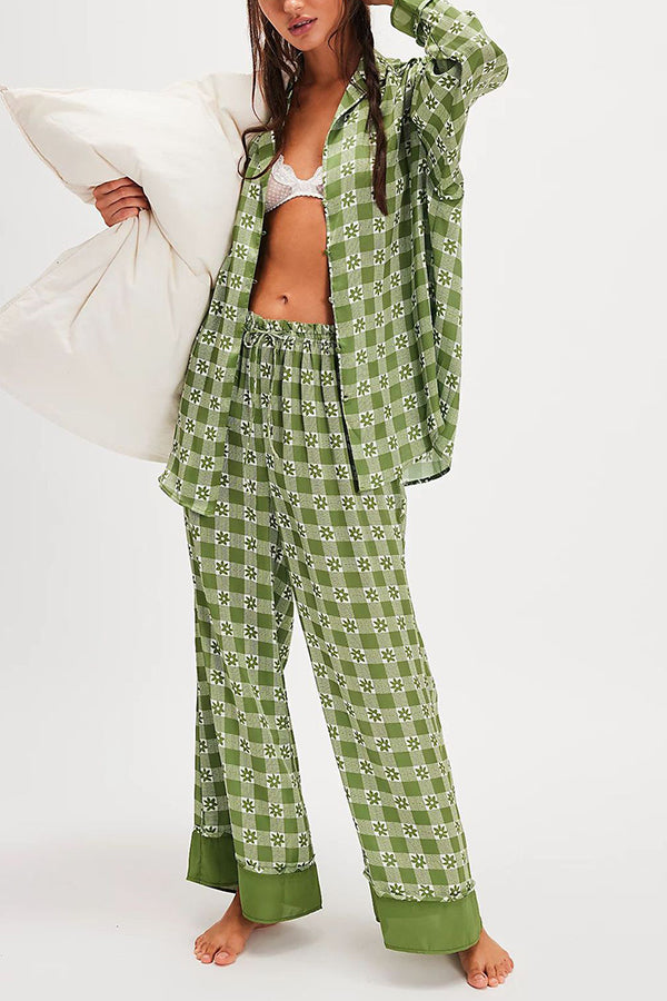 Unique Printed Lounge Long-sleeved Shirt and Elastic Waisted Baggy Pants Set