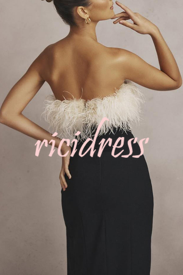 Sarai Thigh Slit Feather High Waisted Maxi Dress