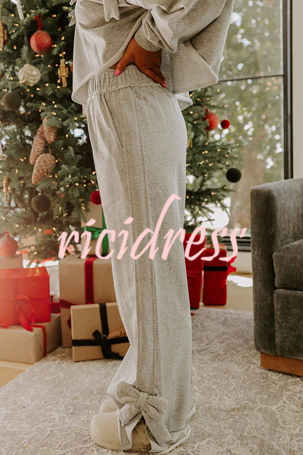 Dear Daydream Loose Bow Tie Long-Sleeved Sweatshirt and Elastic Waist Pocket Pants Set