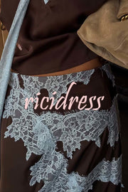 Sunday Social Contrast Color Satin Lace Trim Mid Rise Maxi Skirt