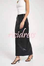 Classic Feel Faux Leather Mid Rise Pocket Slit Stretch Maix Skirt