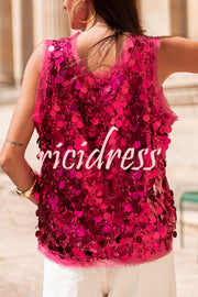 Fashionable Sequined Round Neck Sleeveless Loose Vest