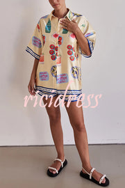 Satin Unique Print Lapel Short Sleeve Loose Shirt and Elastic Waist Drawstring Shorts Set