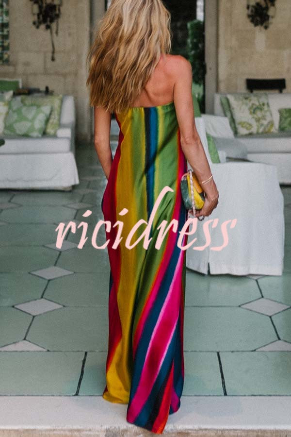 Artistic Rainbow Satin Watercolor Print Off Shoulder Pocketed H-line Maxi Dress