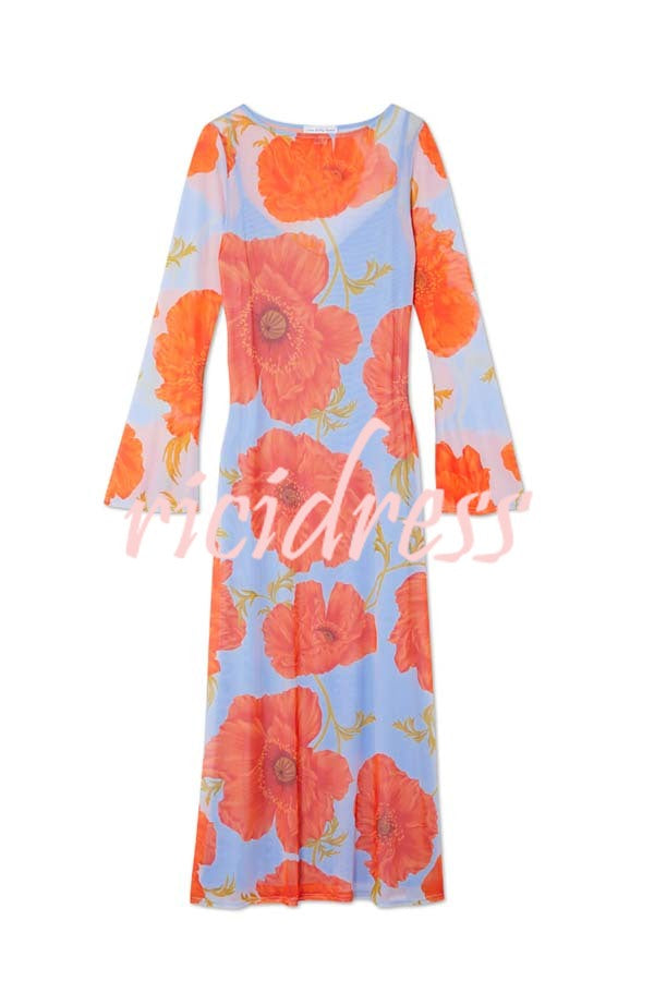 Perfect Cross-season Mesh Poppy Flower Print Long Sleeve Stretch Maxi Dress