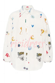 Effortless Silhouette Unique Print Balloon Sleeve Button Loose Shirt