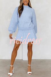 Solid Color Round Neck Puff Sleeve Loose Knit Sweater and Casual Striped Mini Skirt Set