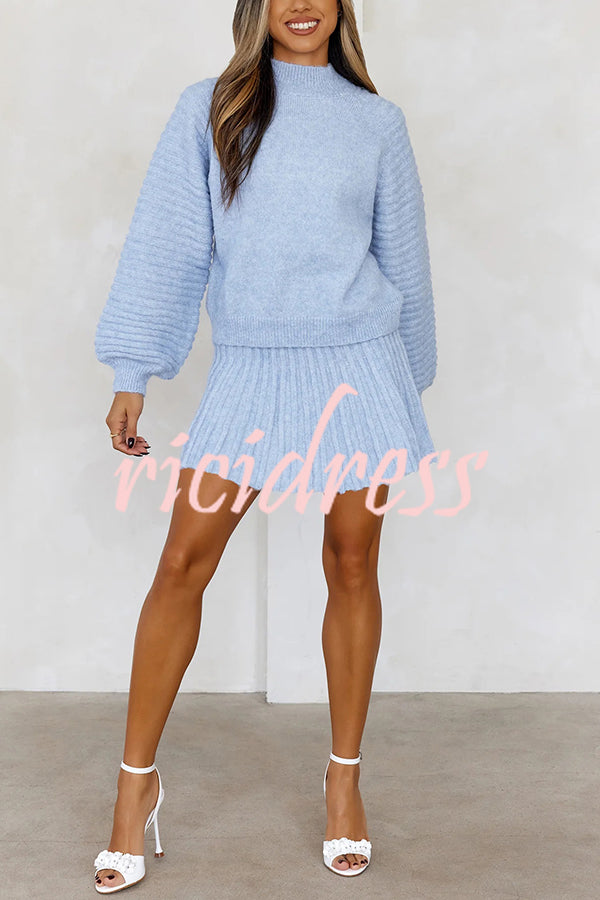 Solid Color Round Neck Puff Sleeve Loose Knit Sweater and Casual Striped Mini Skirt Set