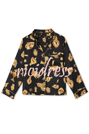 Golden Night Unique Print Color-block Trim Loose Shirt and Elastic Waist Pocketed Pajama Set