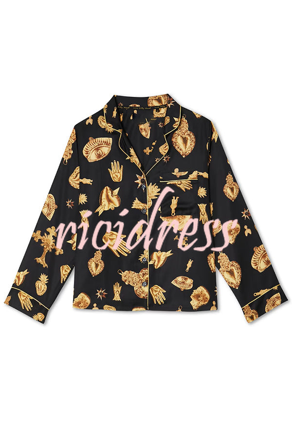 Golden Night Unique Print Color-block Trim Loose Shirt and Elastic Waist Pocketed Pajama Set